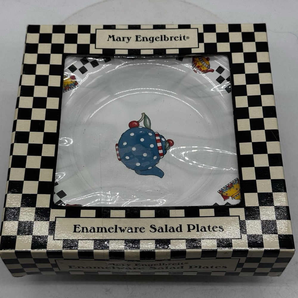 Mary Engelbreit Enamelware Teapots Salad Plates Set 4 Checked Border Vtg NIB '99